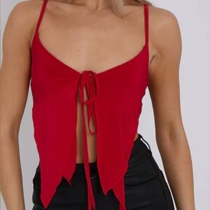 Red, Front Tie, Adjustable Strap, Frilly Detail, Slinky Crop Top -Ladies JR XS
